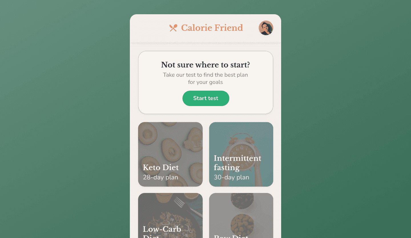 Calorie tracking app UI design diets screen