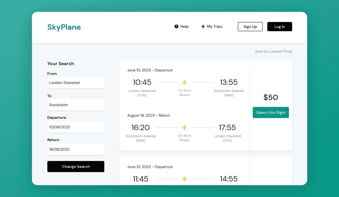 flight booking web app results from search screen