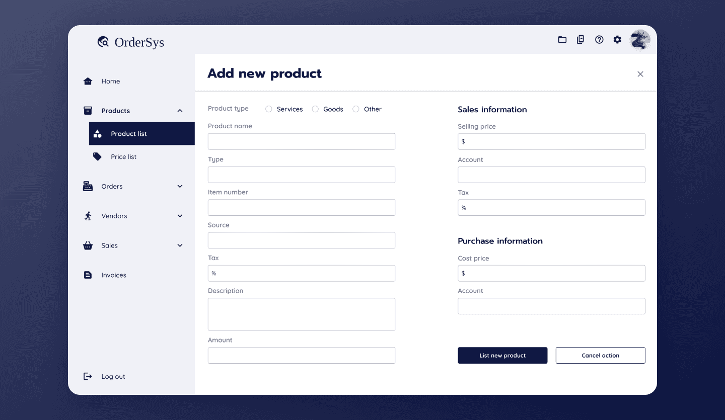 Purchase order management web app UI template add product screen