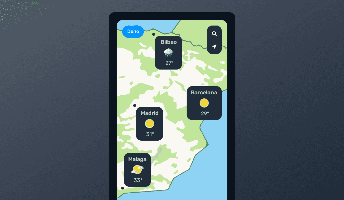 weather mobile app dark mode map screen