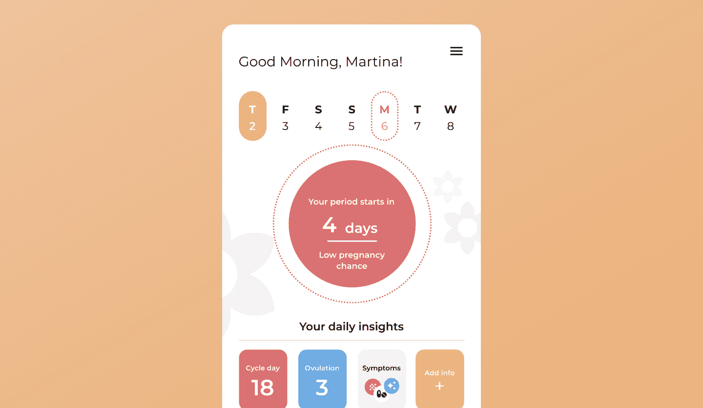 Cycle tracking app UI design homescreen