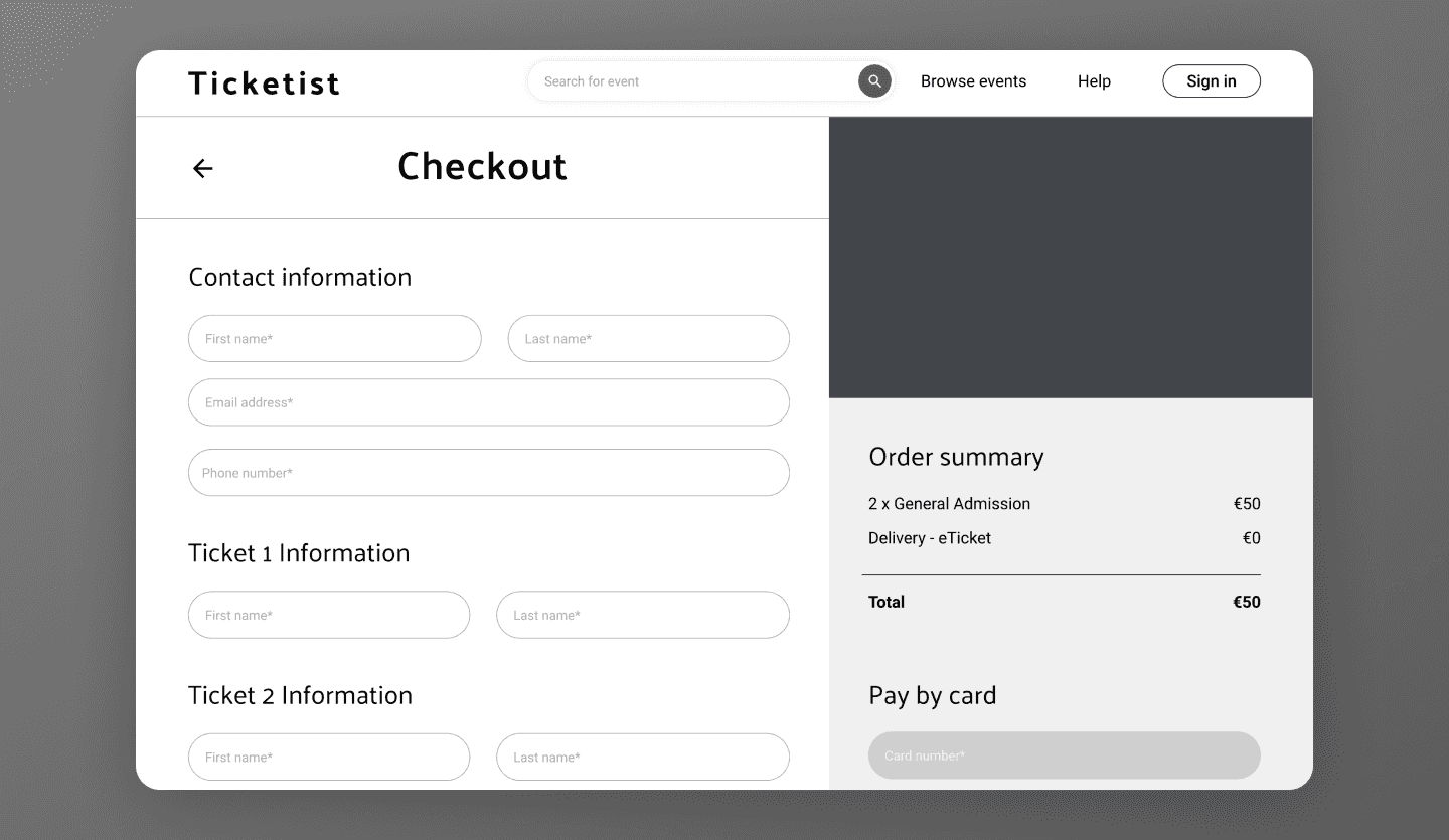 Ticket booking website wireframe design checkout page