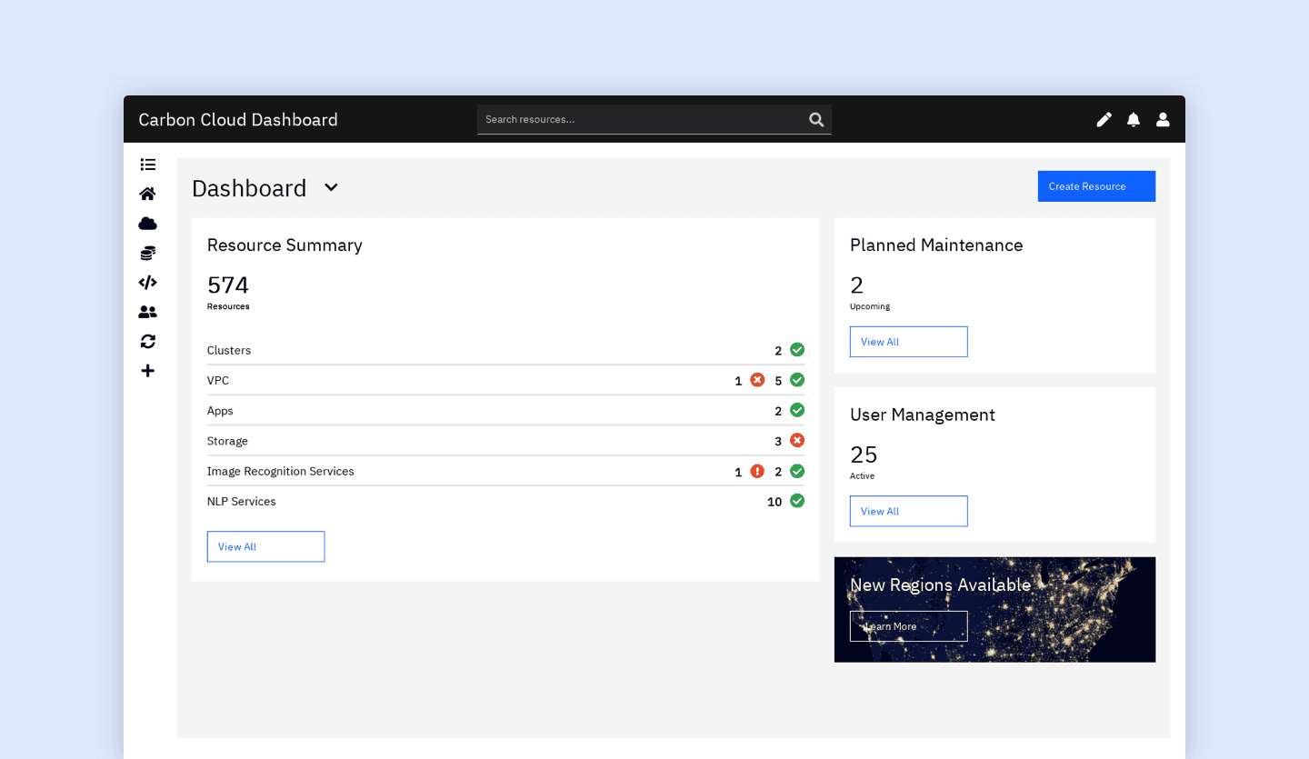 Screenshot of IBM Carbon Cloud Dashboard Web App: dashboard page