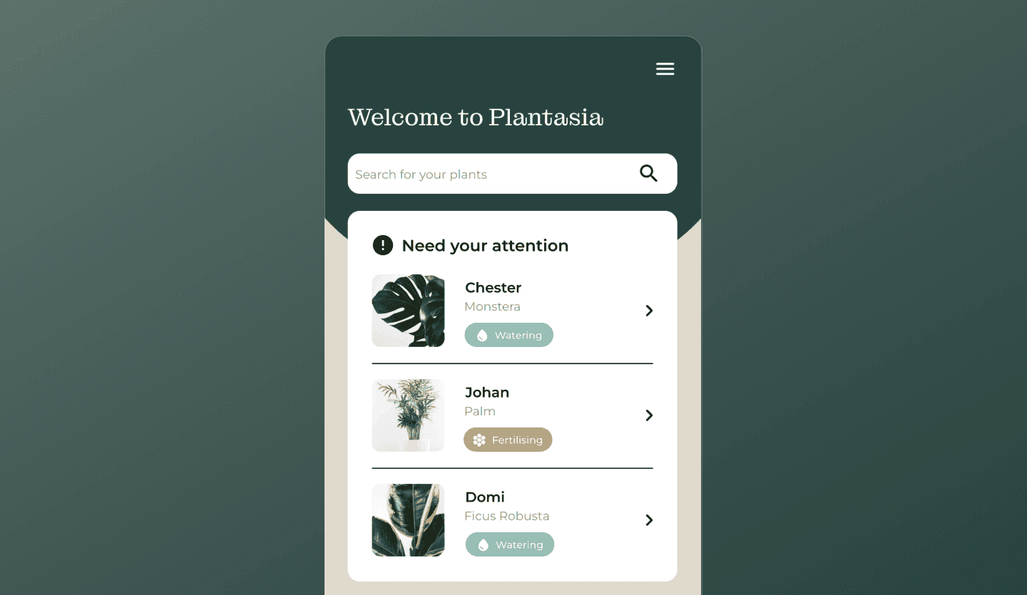 Plant care app UI design home screen