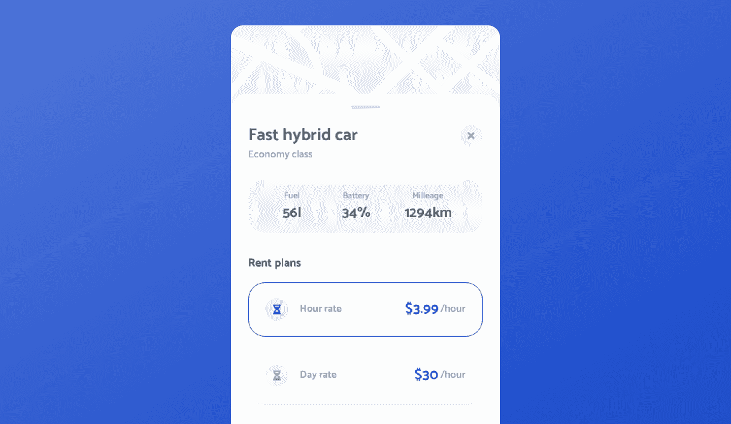 car sharing app design car renting screen