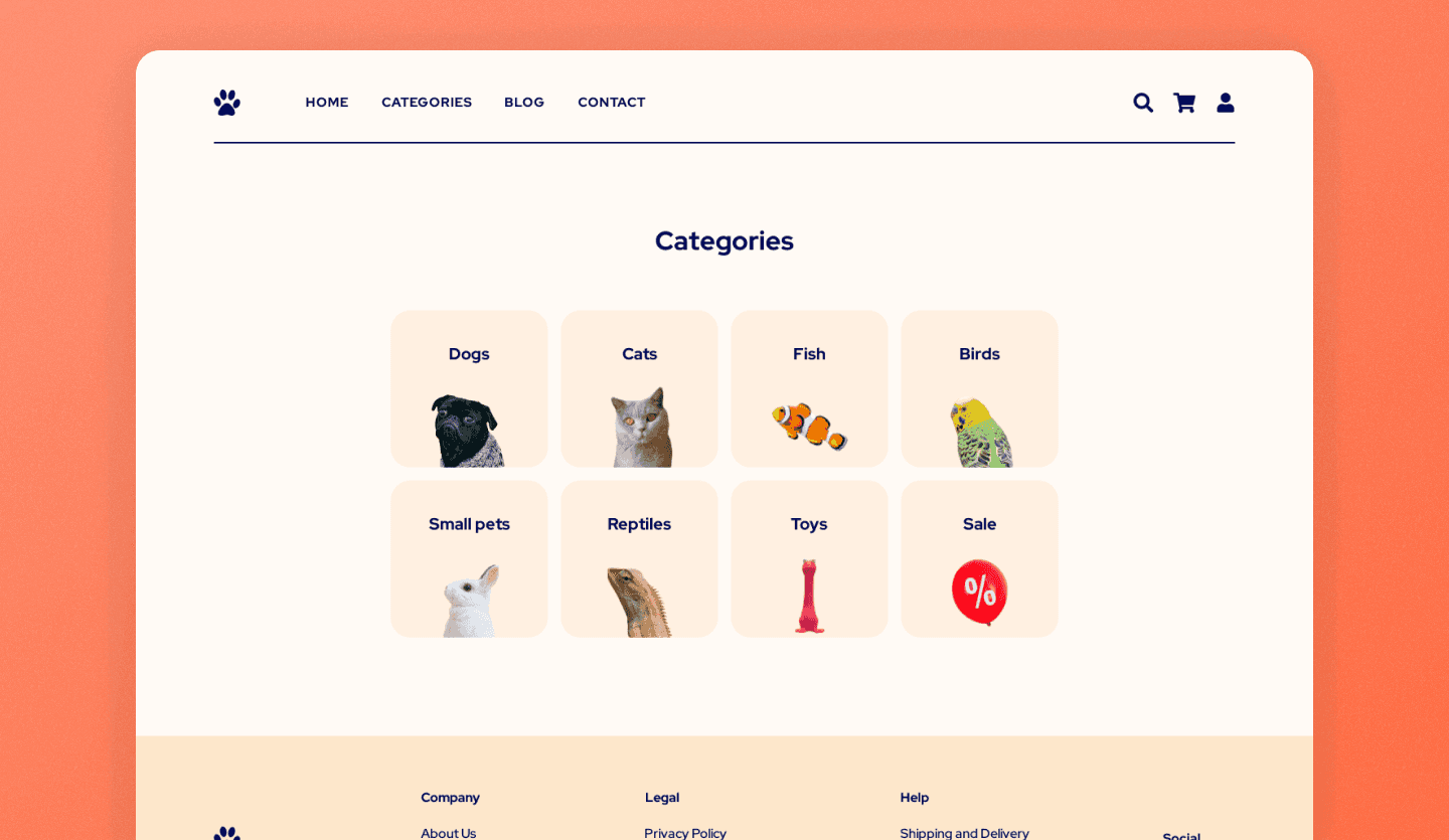 Screenshot of online pet store: product categories