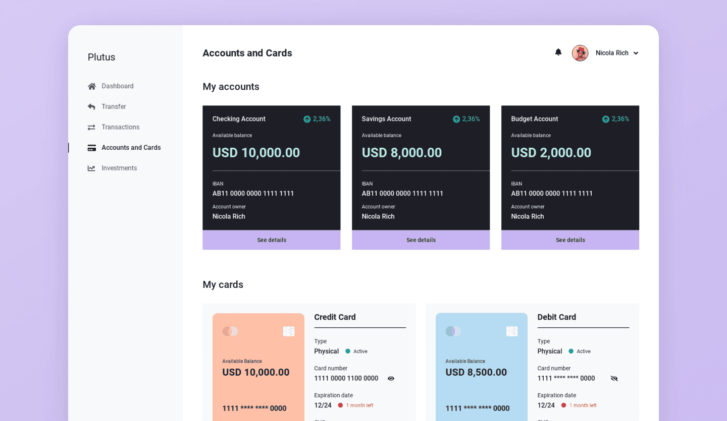 Screenshot of Plutus, an online banking web app: accounts and cards page