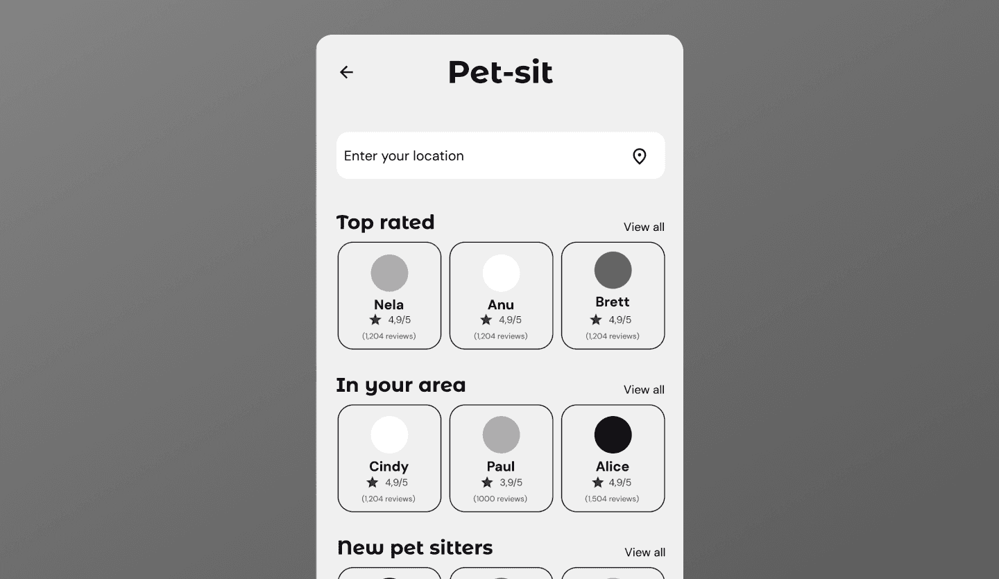 Pet sitting app wireframe design results page