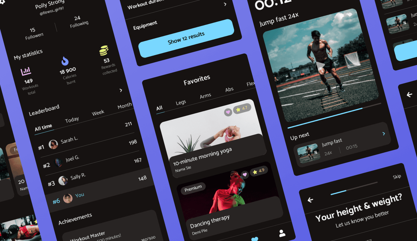 Fitness concept screens set for mobile app template. People doing different  sports and workouts at home and in gym. UI, UX, GUI user interface kit for  smartphone application layouts. Vector design Stock