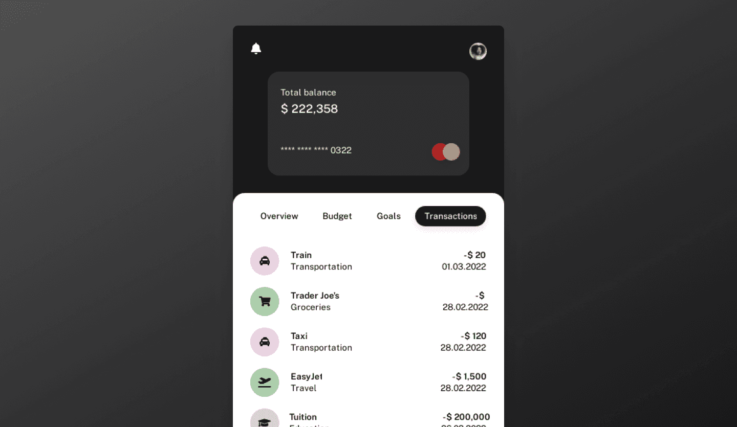 mobile budgeting app design transactions screen