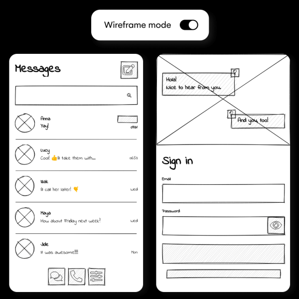 Video of a demo of wireframe mode to render a UI design into high-fidelity or low-fidelity